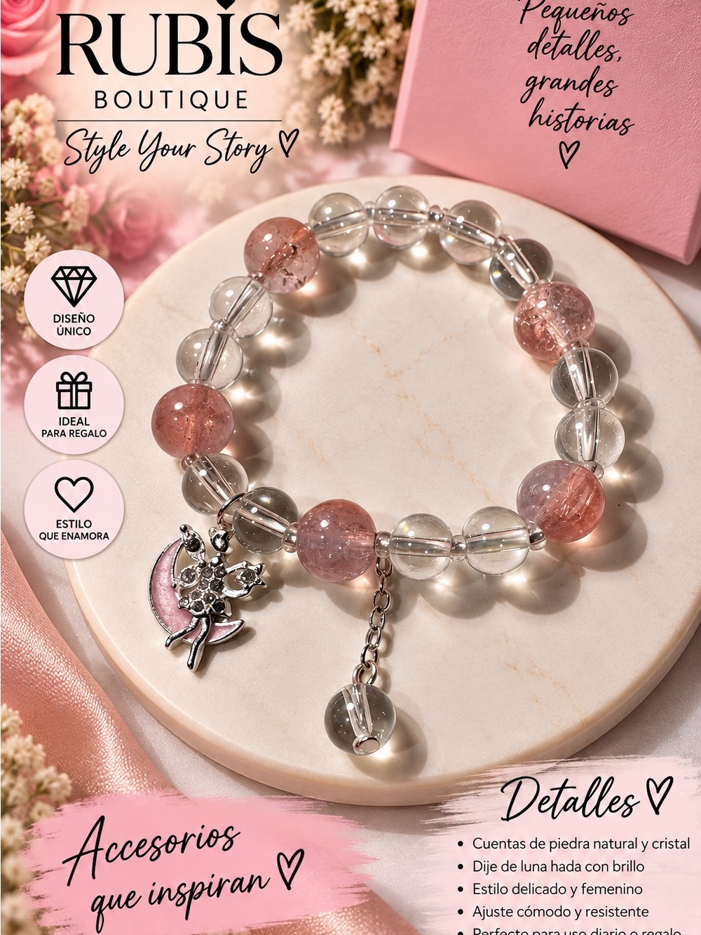 Pink and Clear Beaded Fairy Moon Charm Bracelet